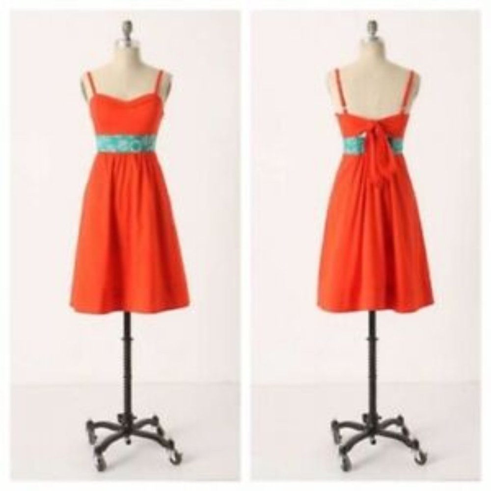 Edme & Esylite Size 4 Orange Dress Cotton Silk Patterned Belt Sweetheart Neck